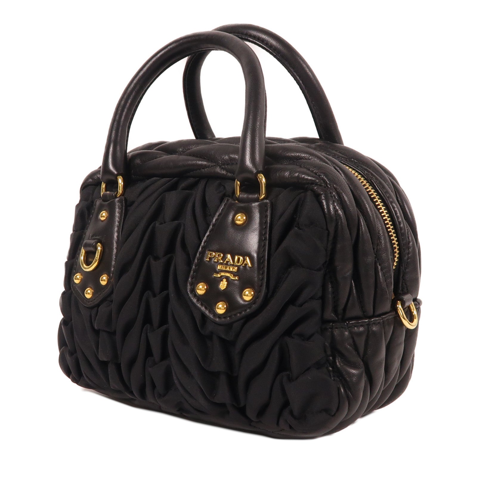 PRADA 尼龍/羊皮皮革Hand Bag金扣手挽袋黑色