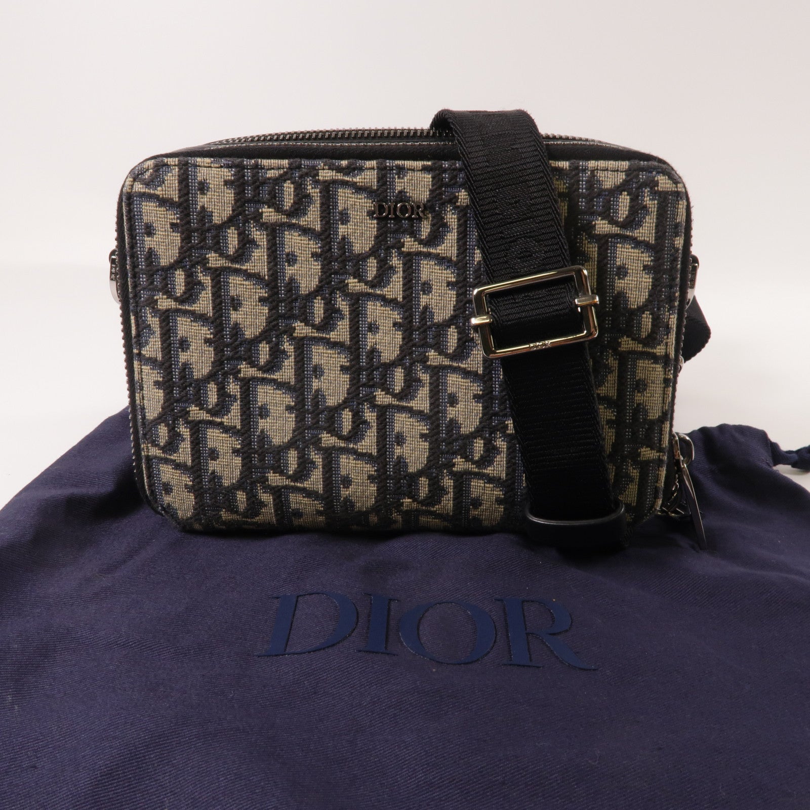 Dior 帆布Oblique Camera銀扣肩背袋藍色