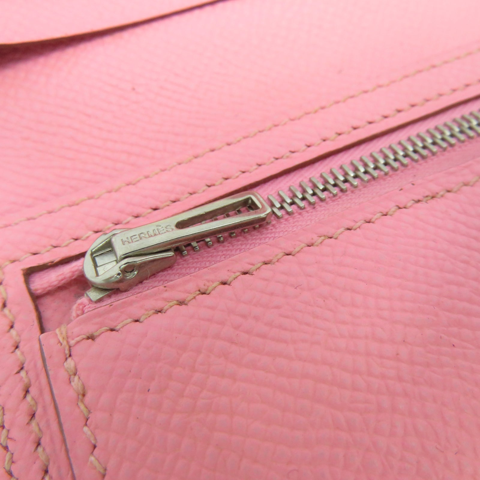 HERMES Epsom Leather Bearn Bi Fold Silver Buckle Long Wallet Pink