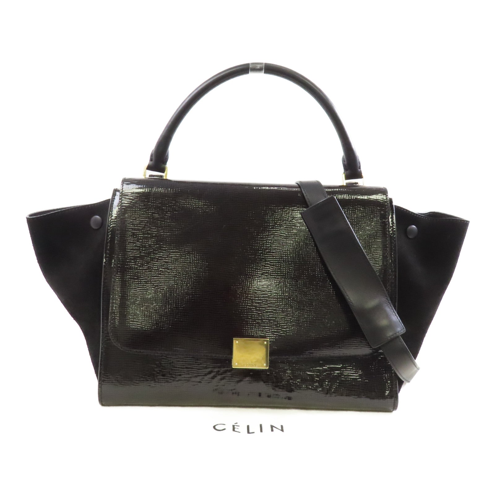 CELINE 漆皮皮革/麂皮皮革Trapeze金扣手挽肩背兩用袋黑色