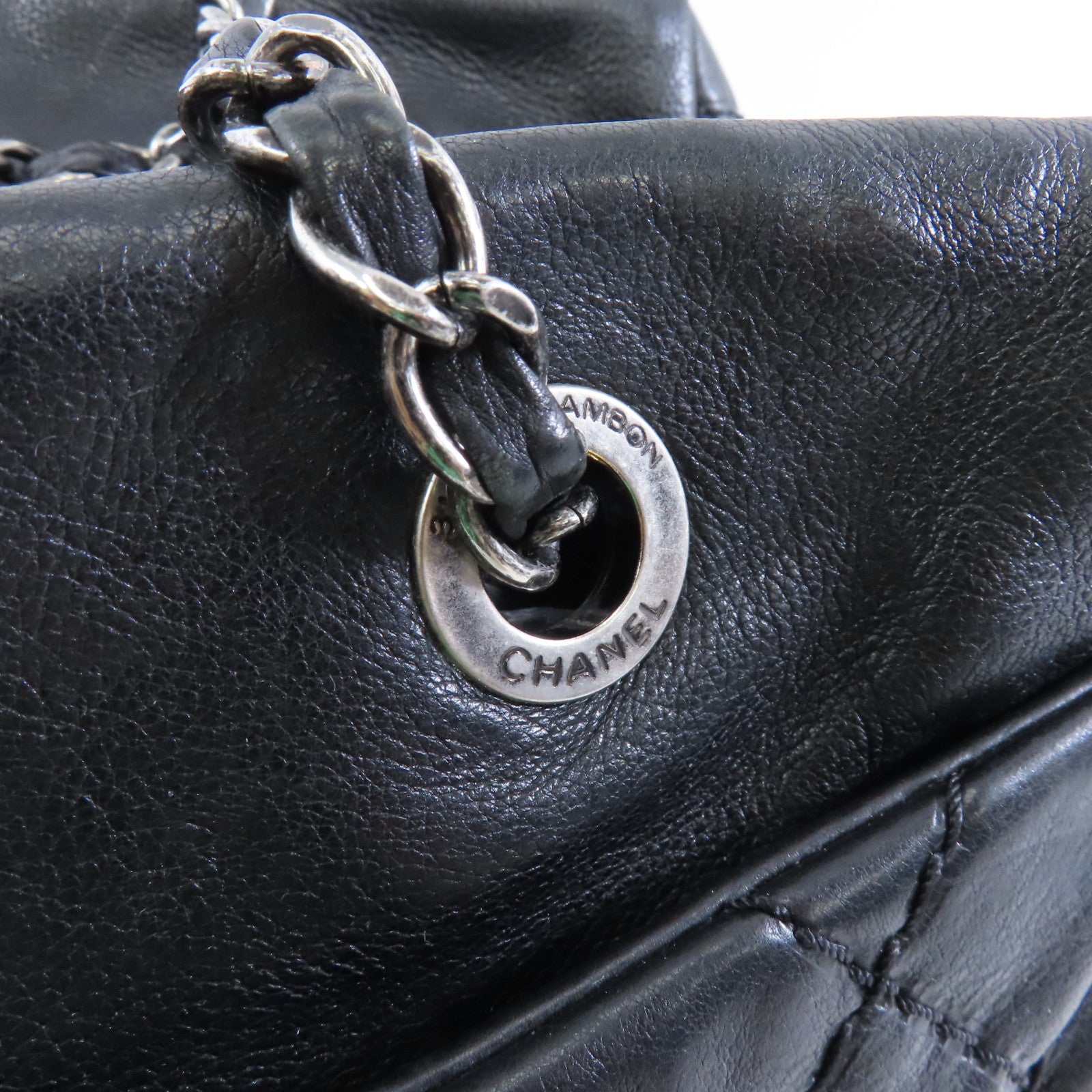 CHANEL 菱格牛皮皮革Chain Shoulder Bag銀扣鏈帶肩背袋黑色