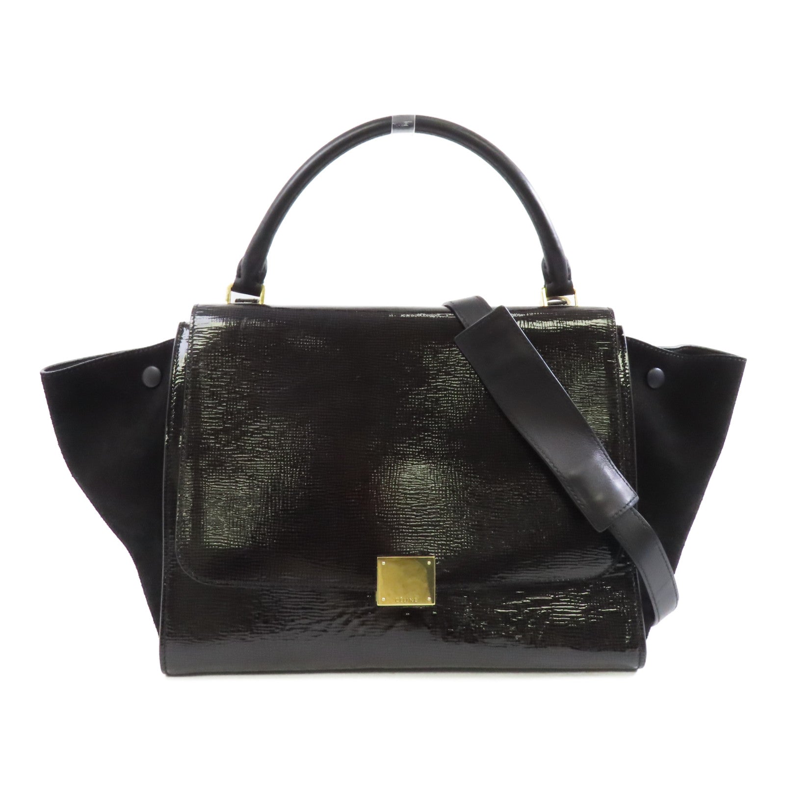 CELINE 漆皮皮革/麂皮皮革Trapeze金扣手挽肩背兩用袋黑色