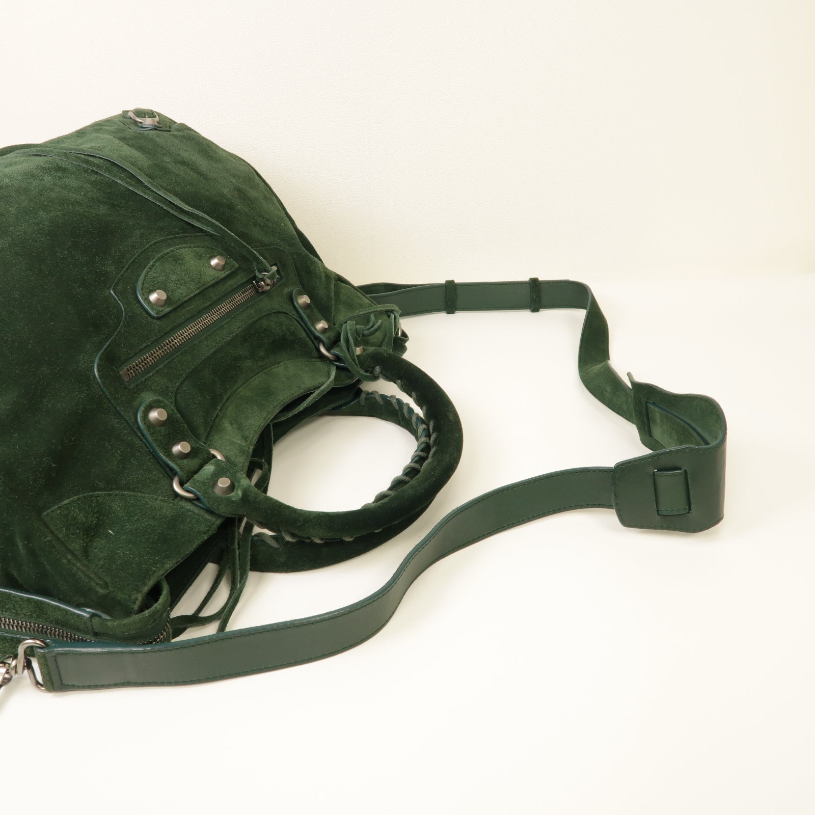 BALENCIAGA 麂皮皮革The Velo銀扣手挽肩背兩用袋綠色