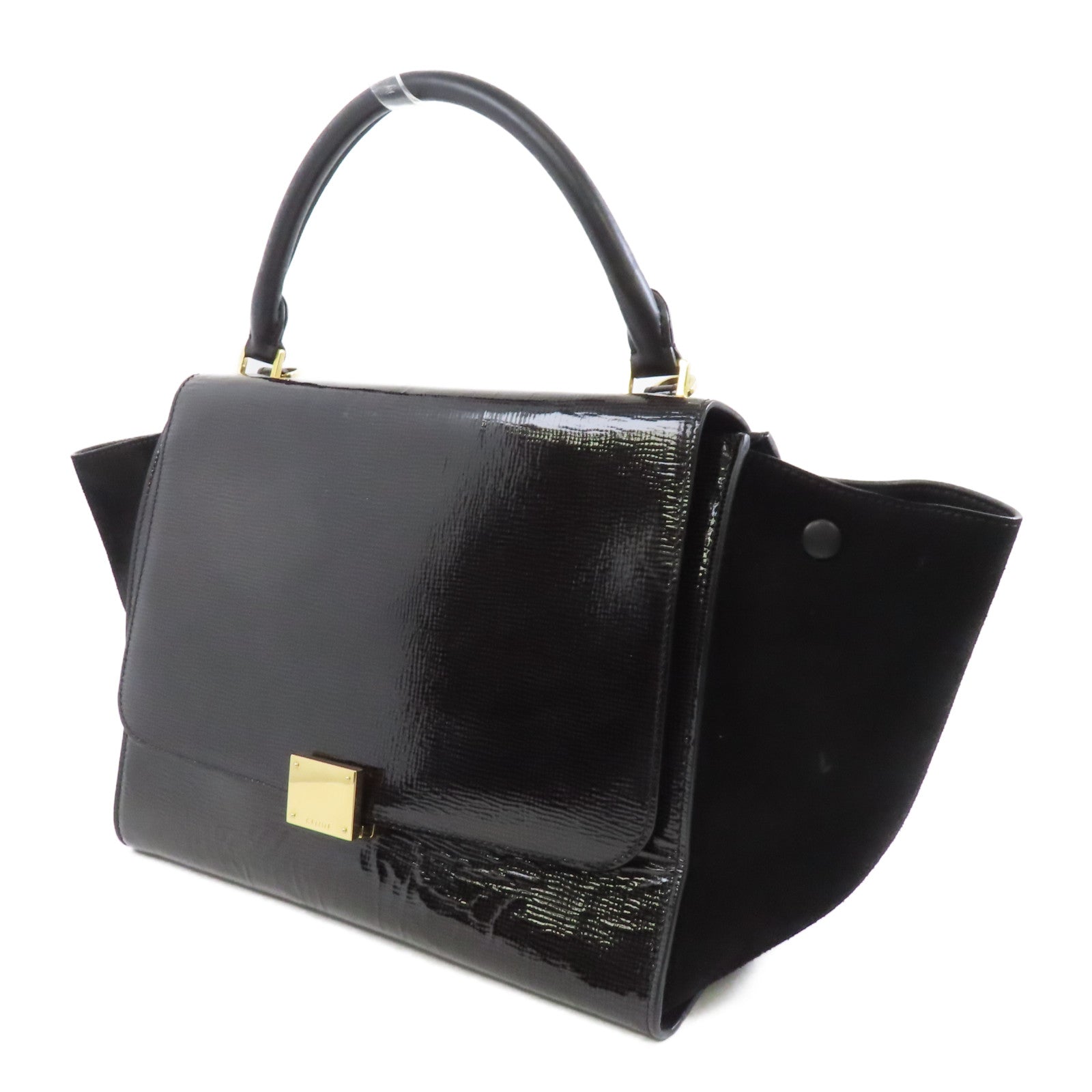 CELINE 漆皮皮革/麂皮皮革Trapeze金扣手挽肩背兩用袋黑色