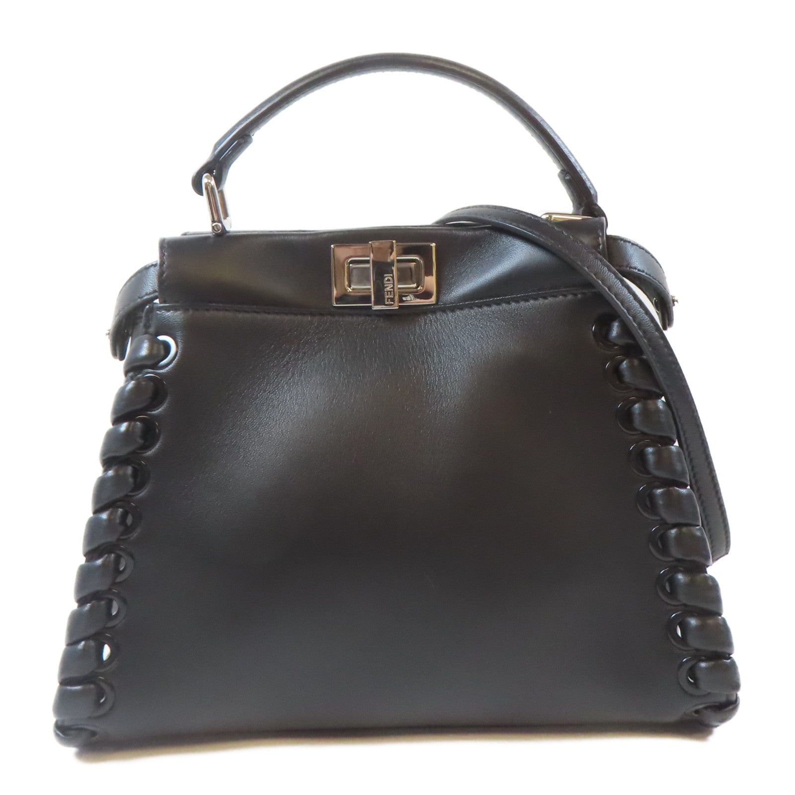 FENDI 牛皮皮革Peekaboo銀扣手挽肩背兩用袋黑色