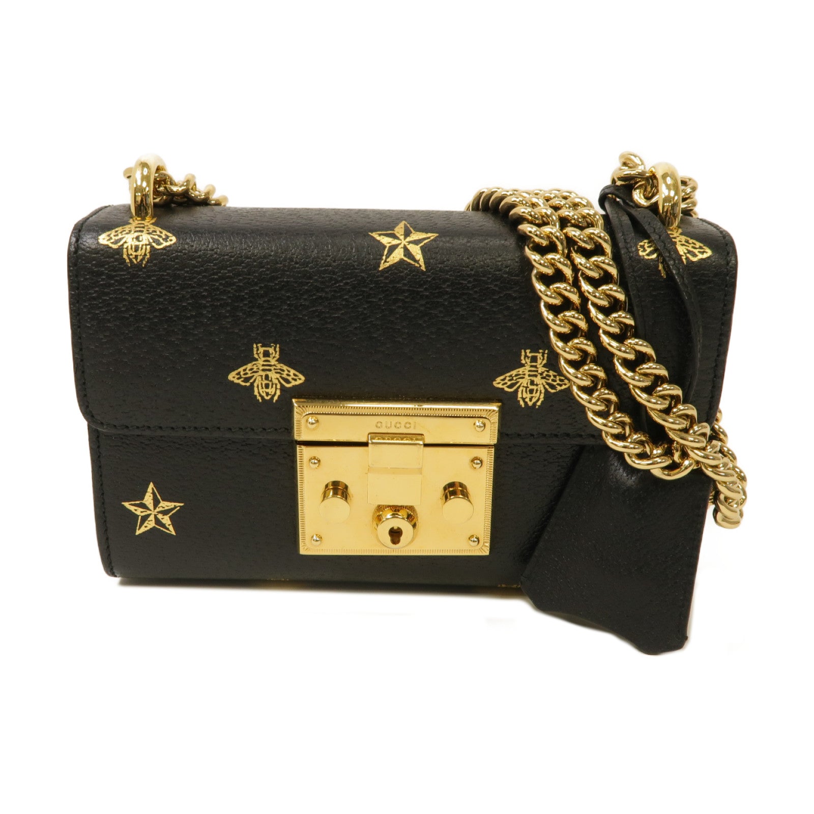 GUCCI 牛皮皮革Padlock Bee Star金扣鏈帶肩背袋黑色