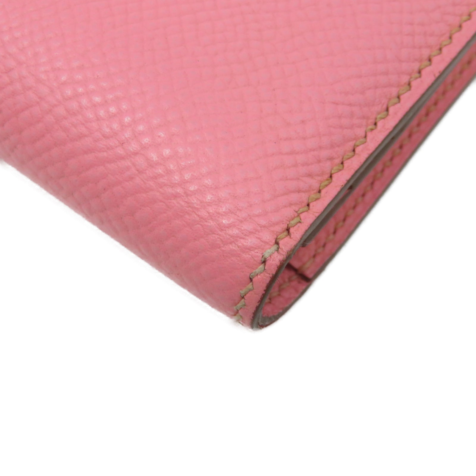 HERMES Epsom Leather Bearn Bi Fold Silver Buckle Long Wallet Pink