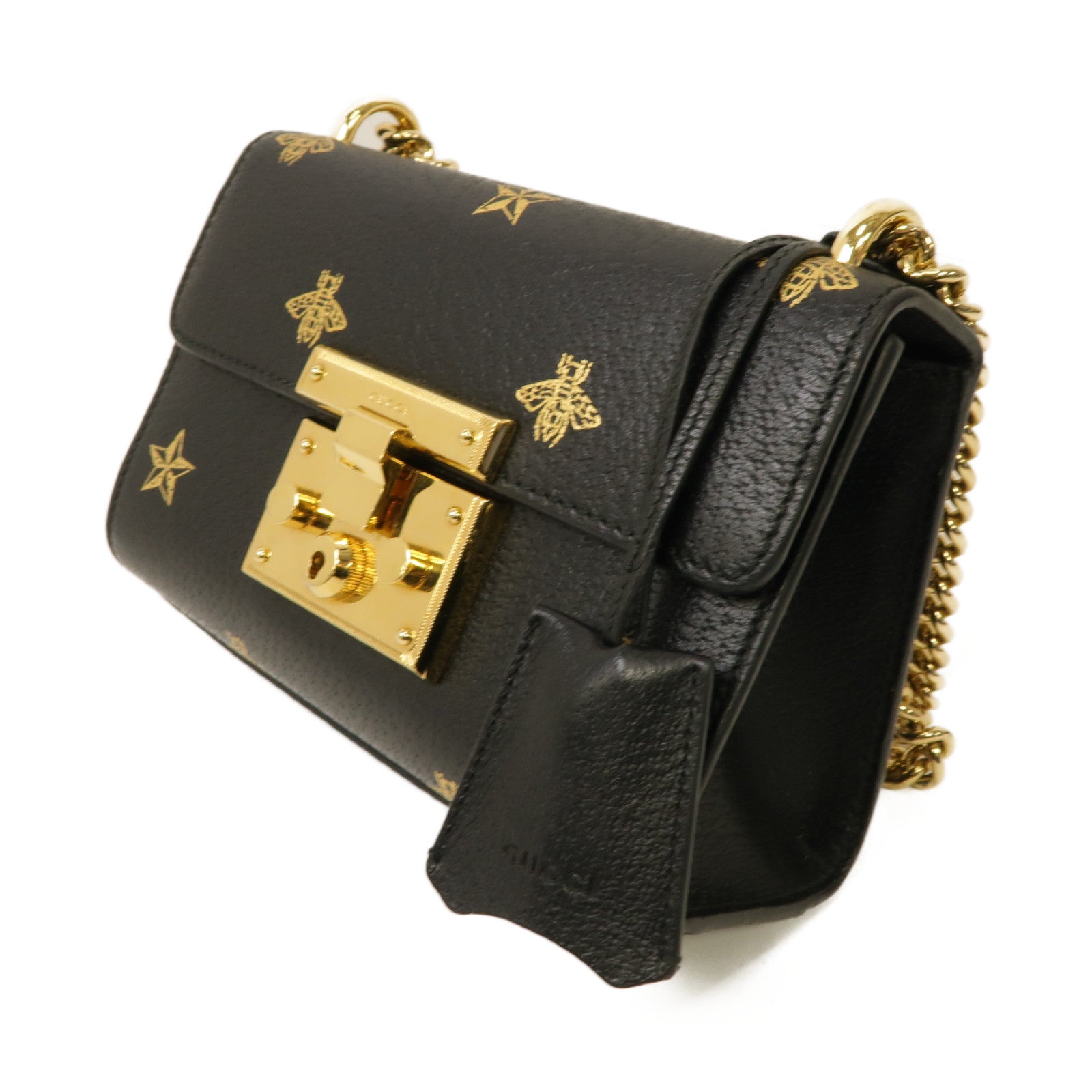 GUCCI 牛皮皮革Padlock Bee Star金扣鏈帶肩背袋黑色