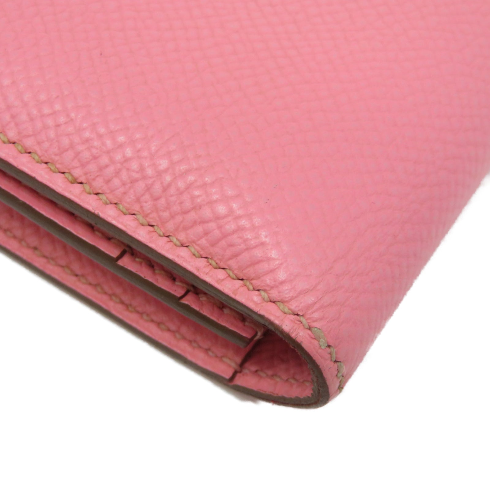 HERMES Epsom Leather Bearn Bi Fold Silver Buckle Long Wallet Pink