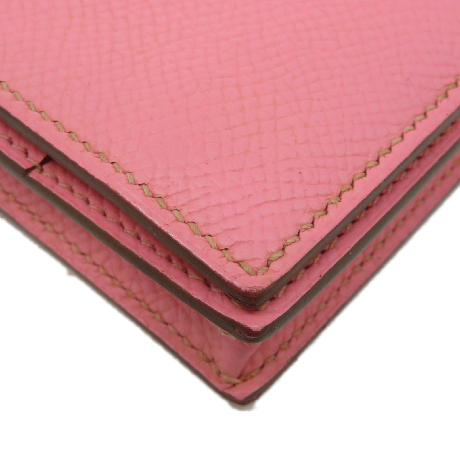 HERMES Epsom Leather Bearn Bi Fold Silver Buckle Long Wallet Pink