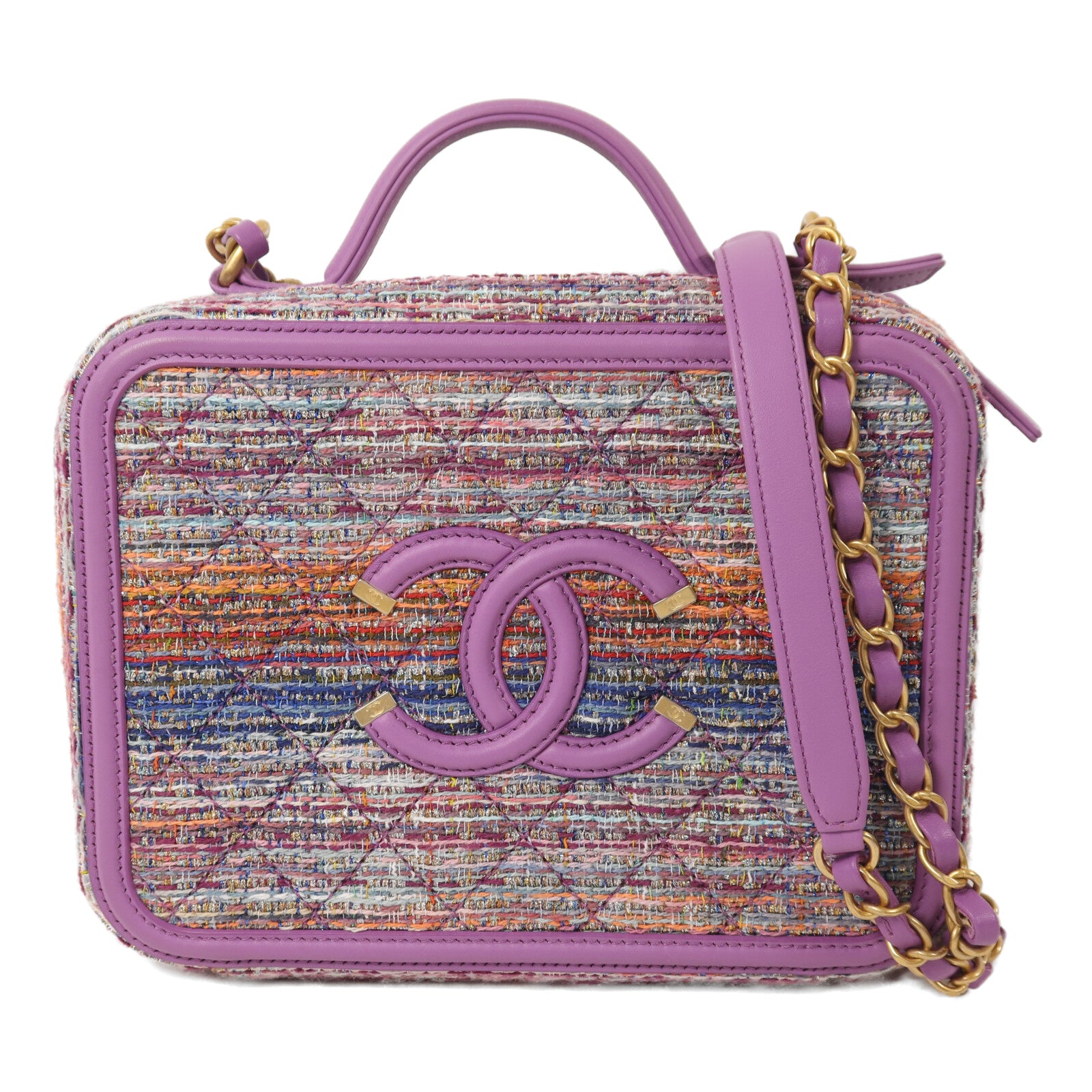 CHANEL Tweed Medium Vanity Case金扣鏈帶手挽肩背兩用袋