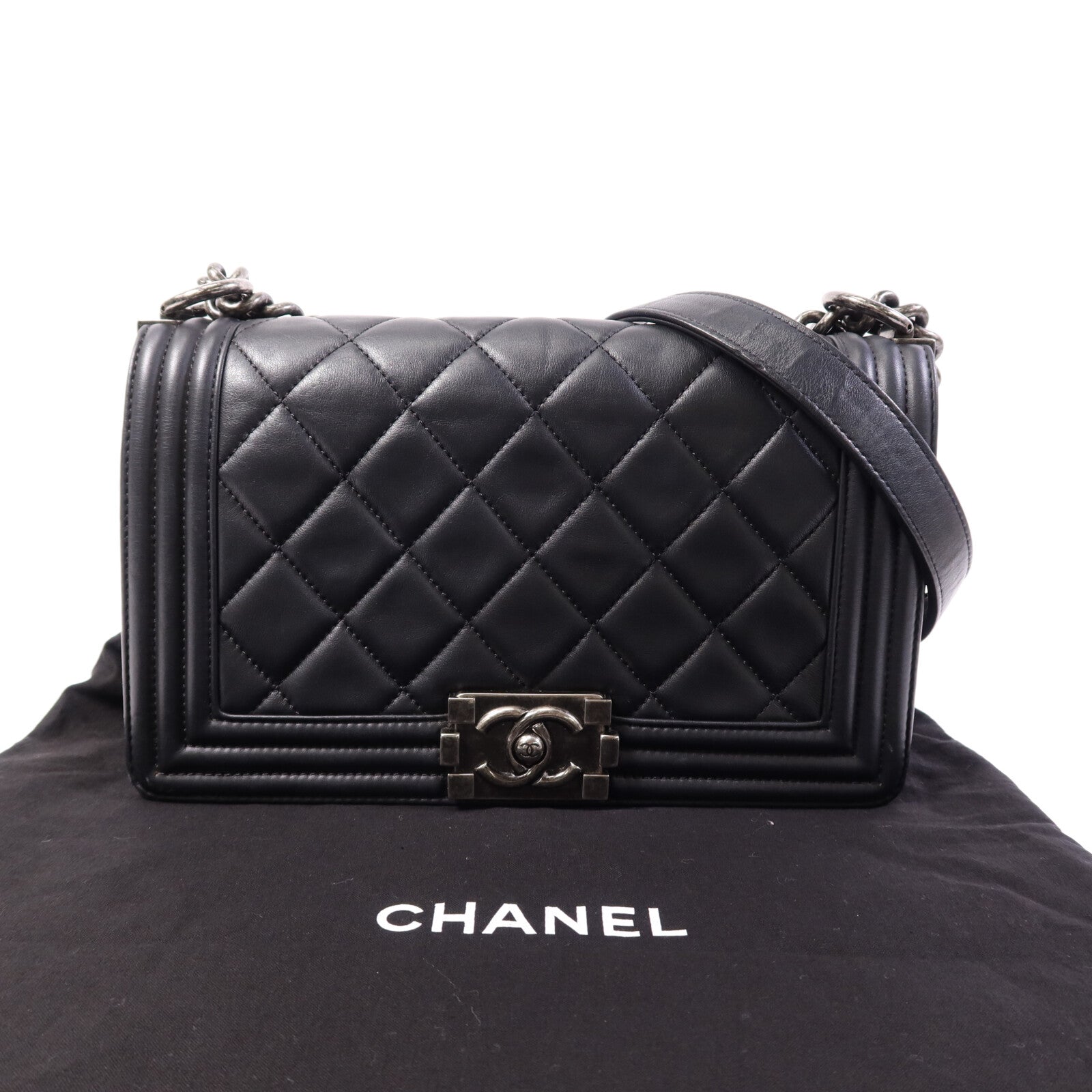 CHANEL 【激減優惠】牛皮皮革Boy 25銀扣鏈帶肩背包