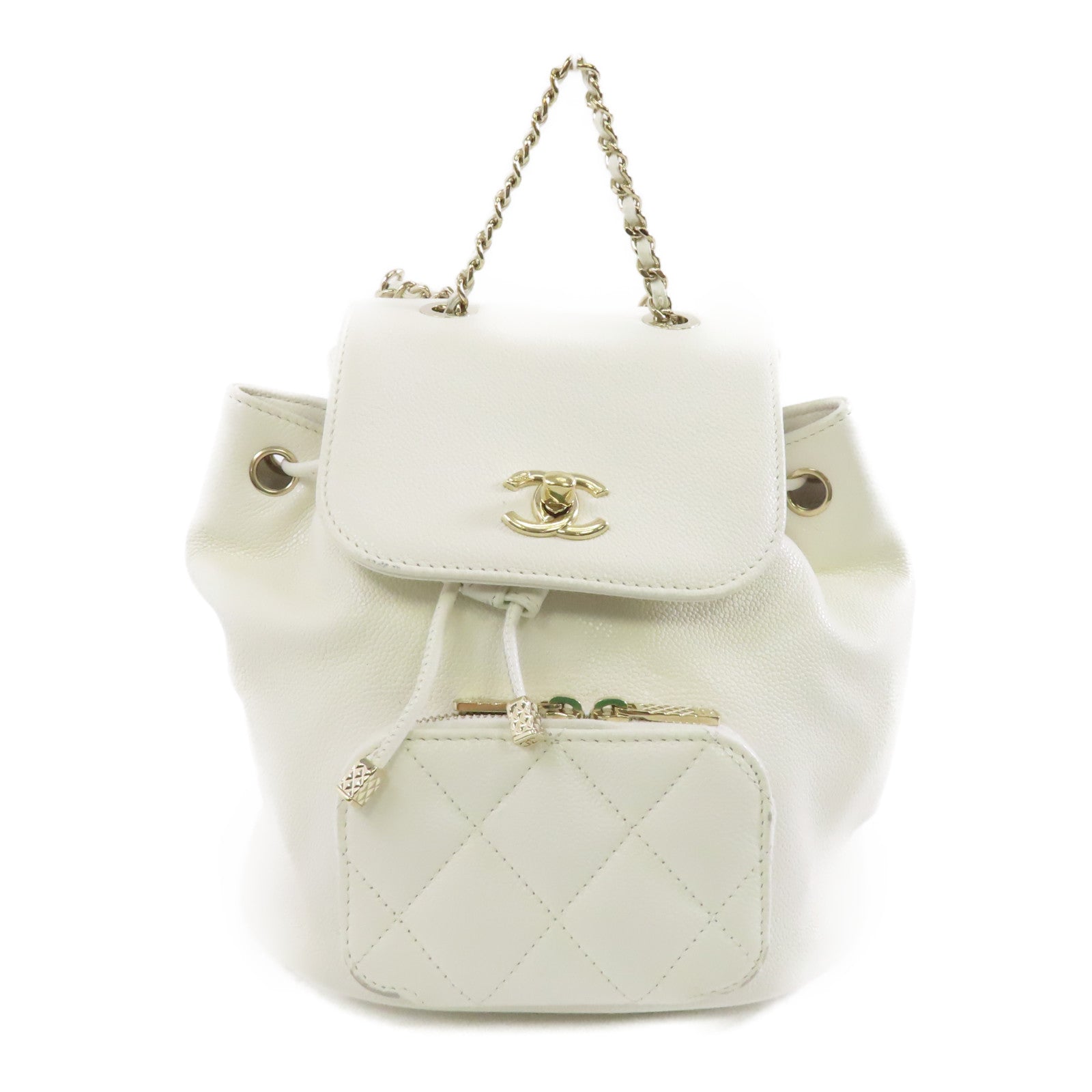 CHANEL 菱格Caviar皮革Backpack金扣背包白色