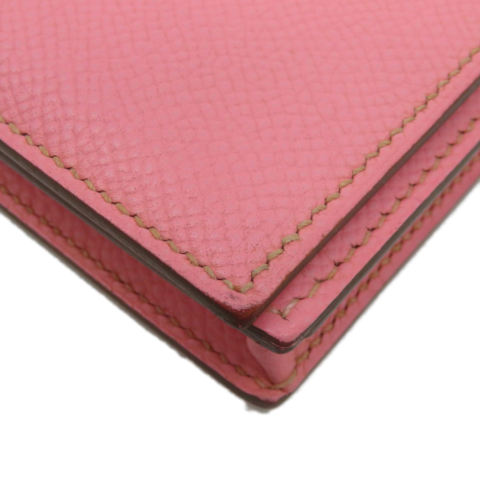 HERMES Epsom Leather Bearn Bi Fold Silver Buckle Long Wallet Pink