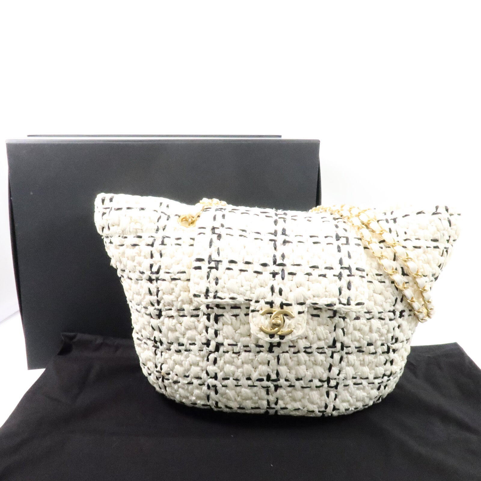 CHANEL 藤料Raffia Effect Tweed Shppping Bag鏈帶手挽袋