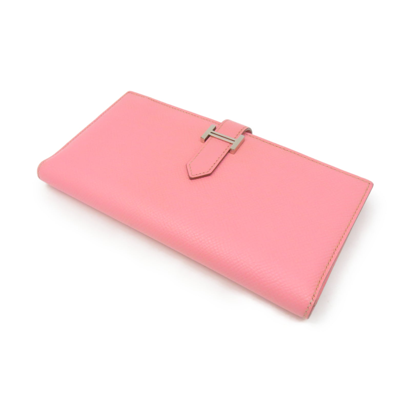 HERMES Epsom Leather Bearn Bi Fold Silver Buckle Long Wallet Pink