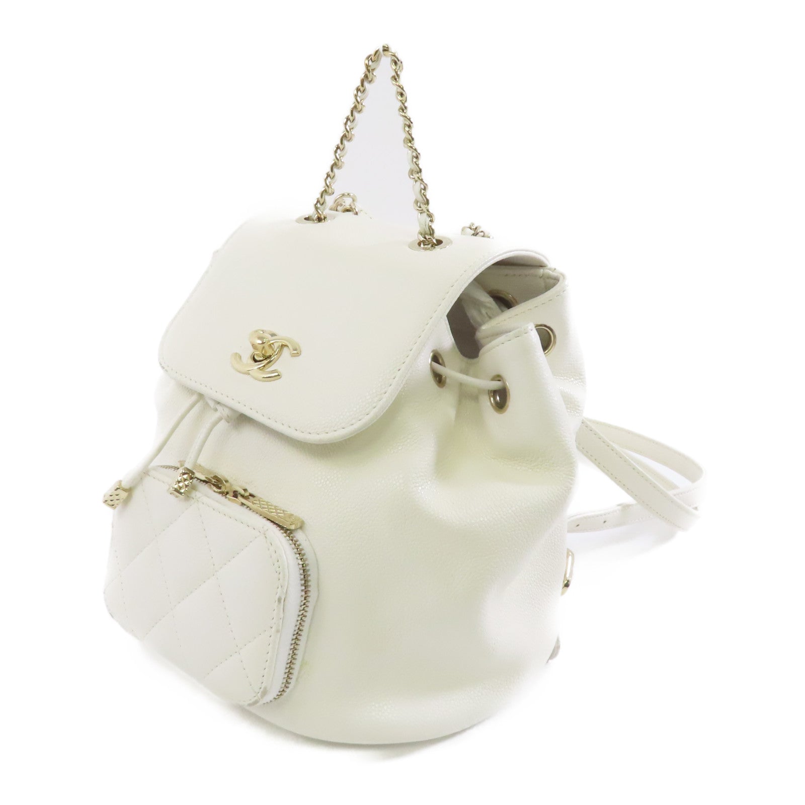 CHANEL 菱格Caviar皮革Backpack金扣背包白色