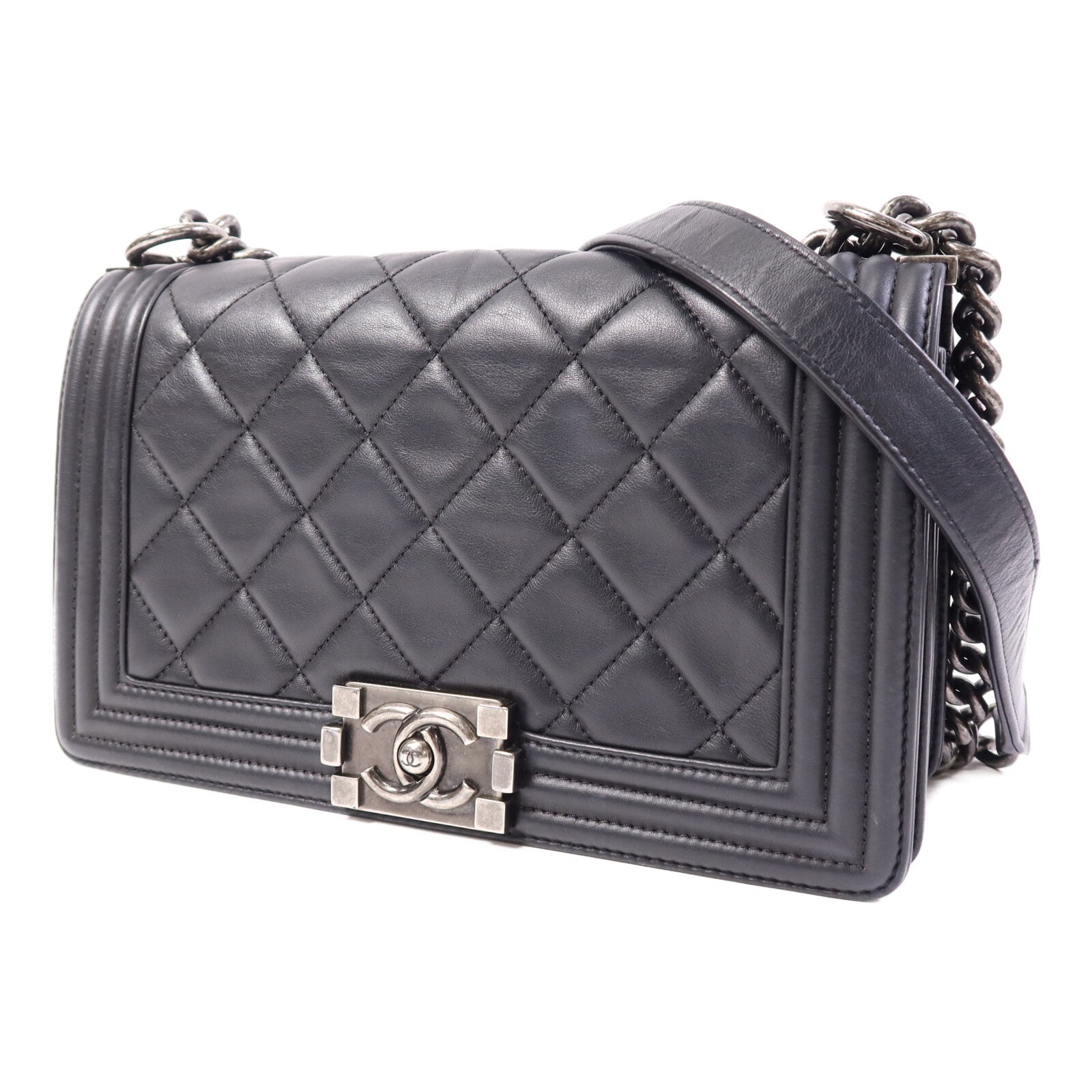 CHANEL 【激減優惠】牛皮皮革Boy 25銀扣鏈帶肩背包