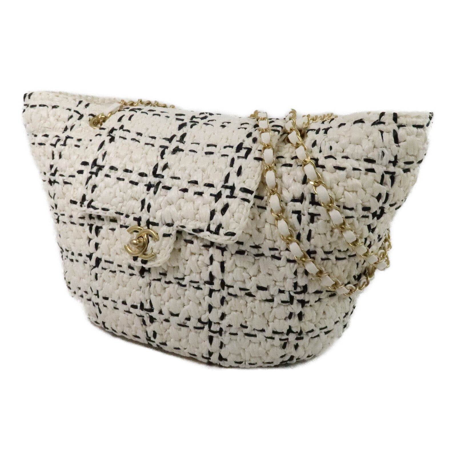 CHANEL 藤料Raffia Effect Tweed Shppping Bag鏈帶手挽袋