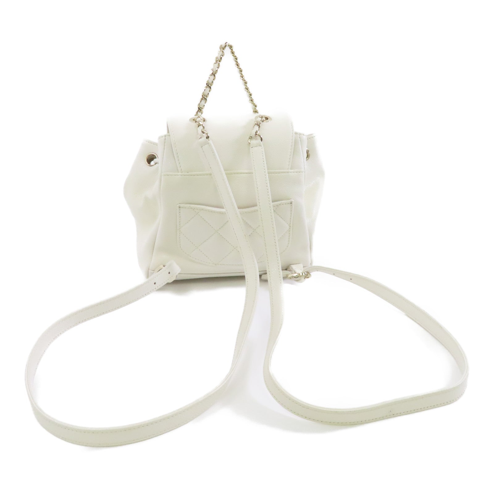 CHANEL 菱格Caviar皮革Backpack金扣背包白色