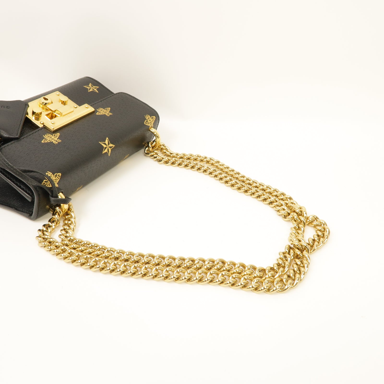 GUCCI 牛皮皮革Padlock Bee Star金扣鏈帶肩背袋黑色