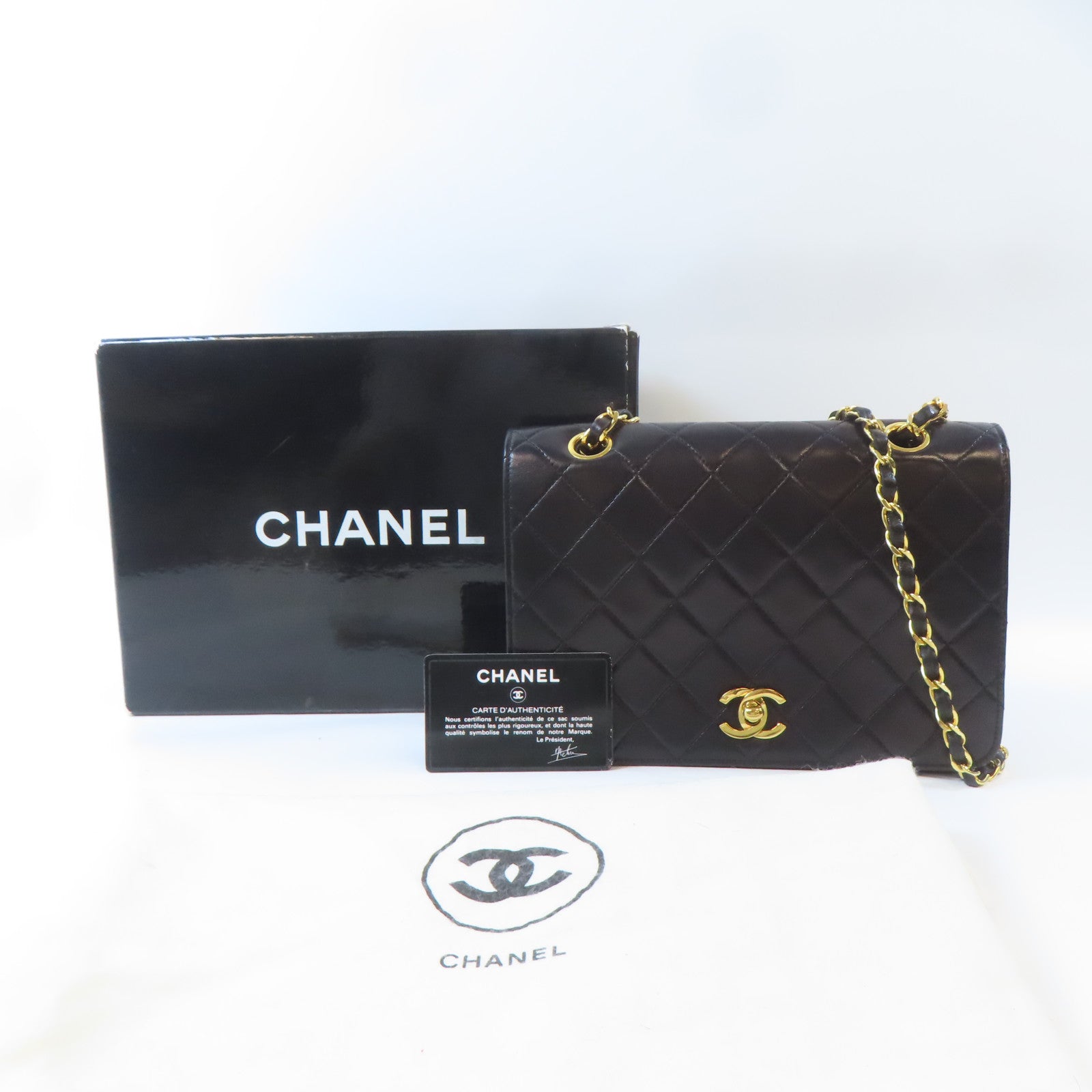 CHANEL 菱格牛皮皮革Chain Shoulder Bag金扣鏈帶肩背袋黑色