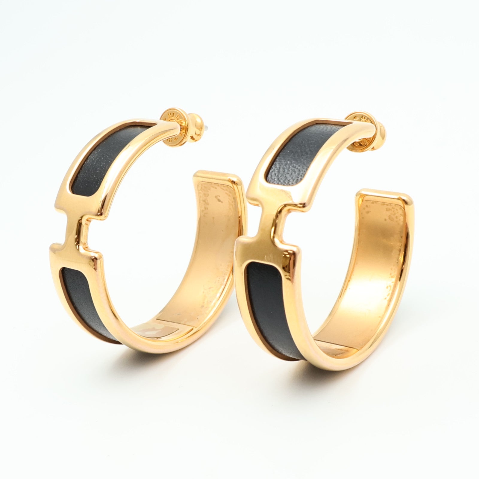 HERMES 金屬/Box Calf皮革Olympe Earrings耳環Noir