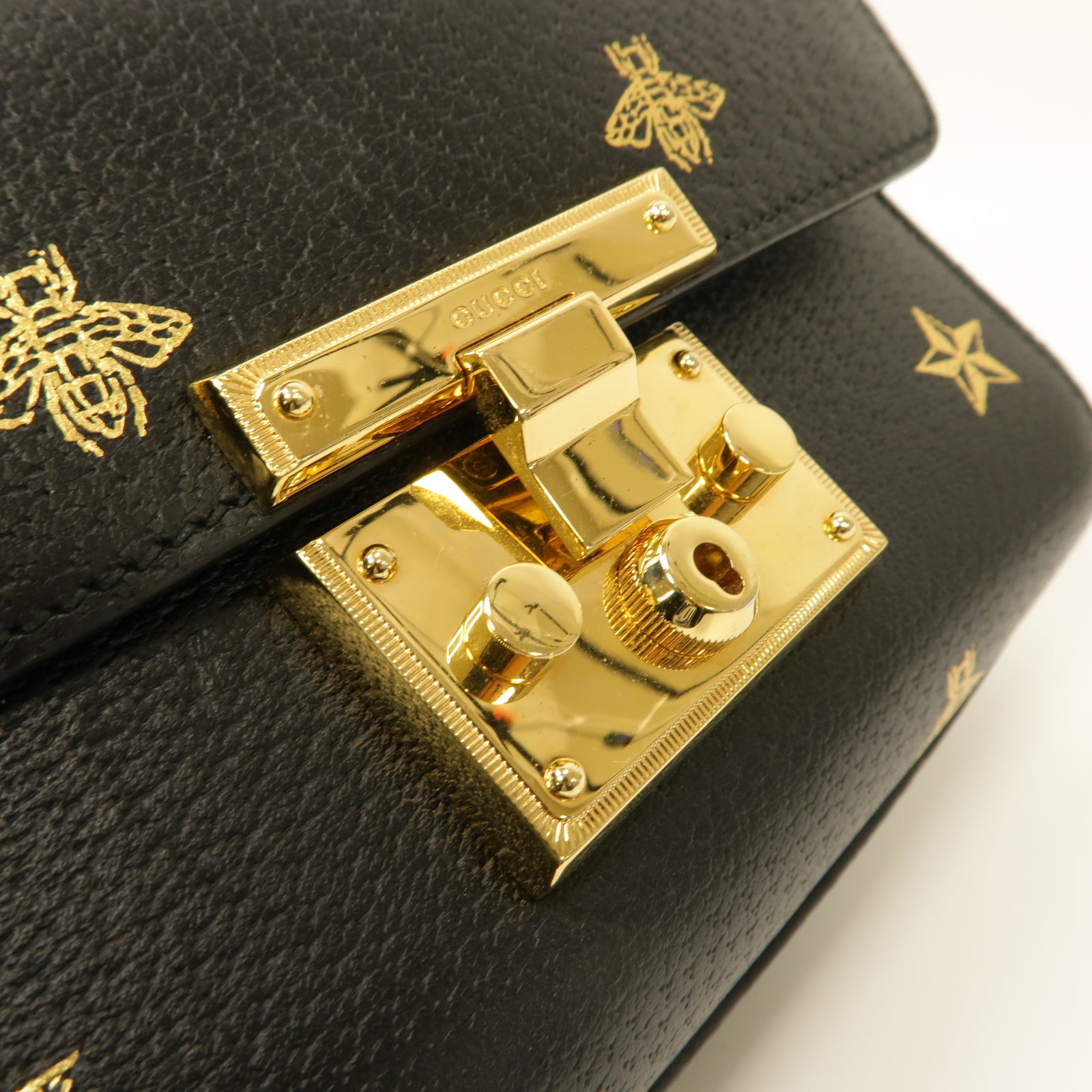 GUCCI 牛皮皮革Padlock Bee Star金扣鏈帶肩背袋黑色