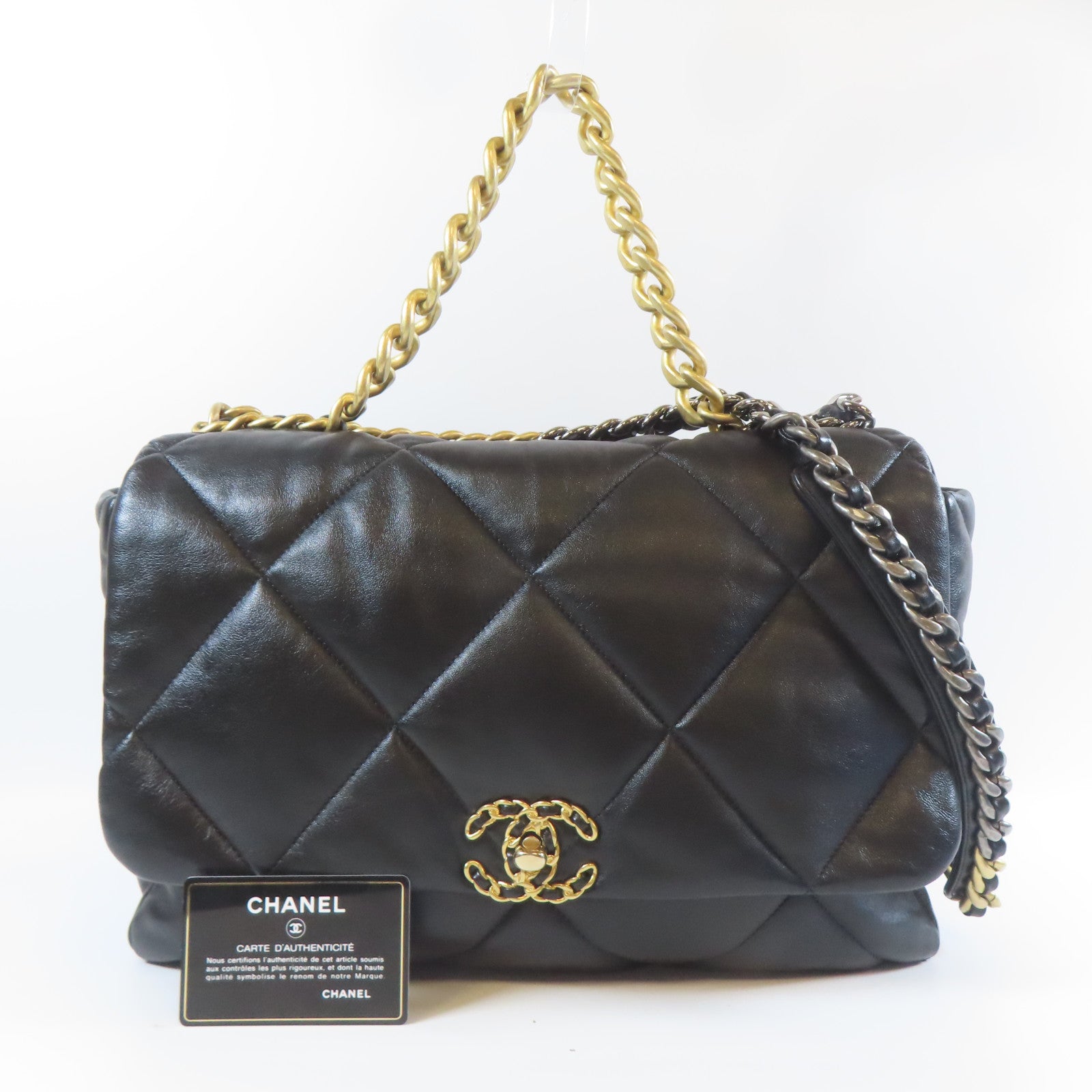 CHANEL 菱格牛皮皮革Chain Shoulder金扣/銀扣手挽肩背兩用袋黑色