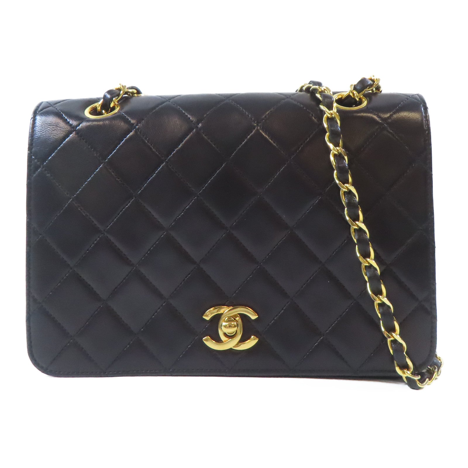 CHANEL 菱格牛皮皮革Chain Shoulder Bag金扣鏈帶肩背袋黑色
