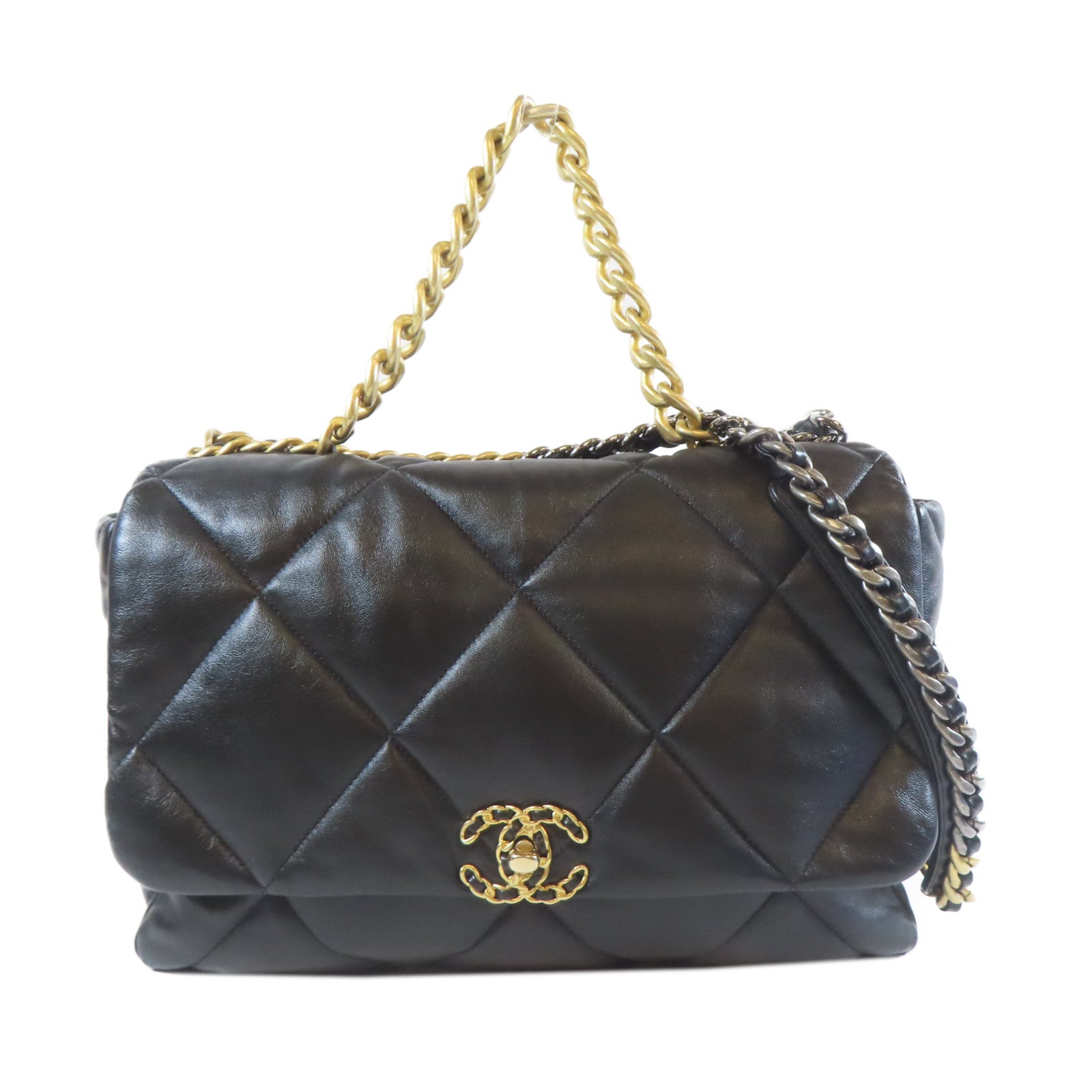 CHANEL 菱格牛皮皮革Chain Shoulder金扣/銀扣手挽肩背兩用袋黑色