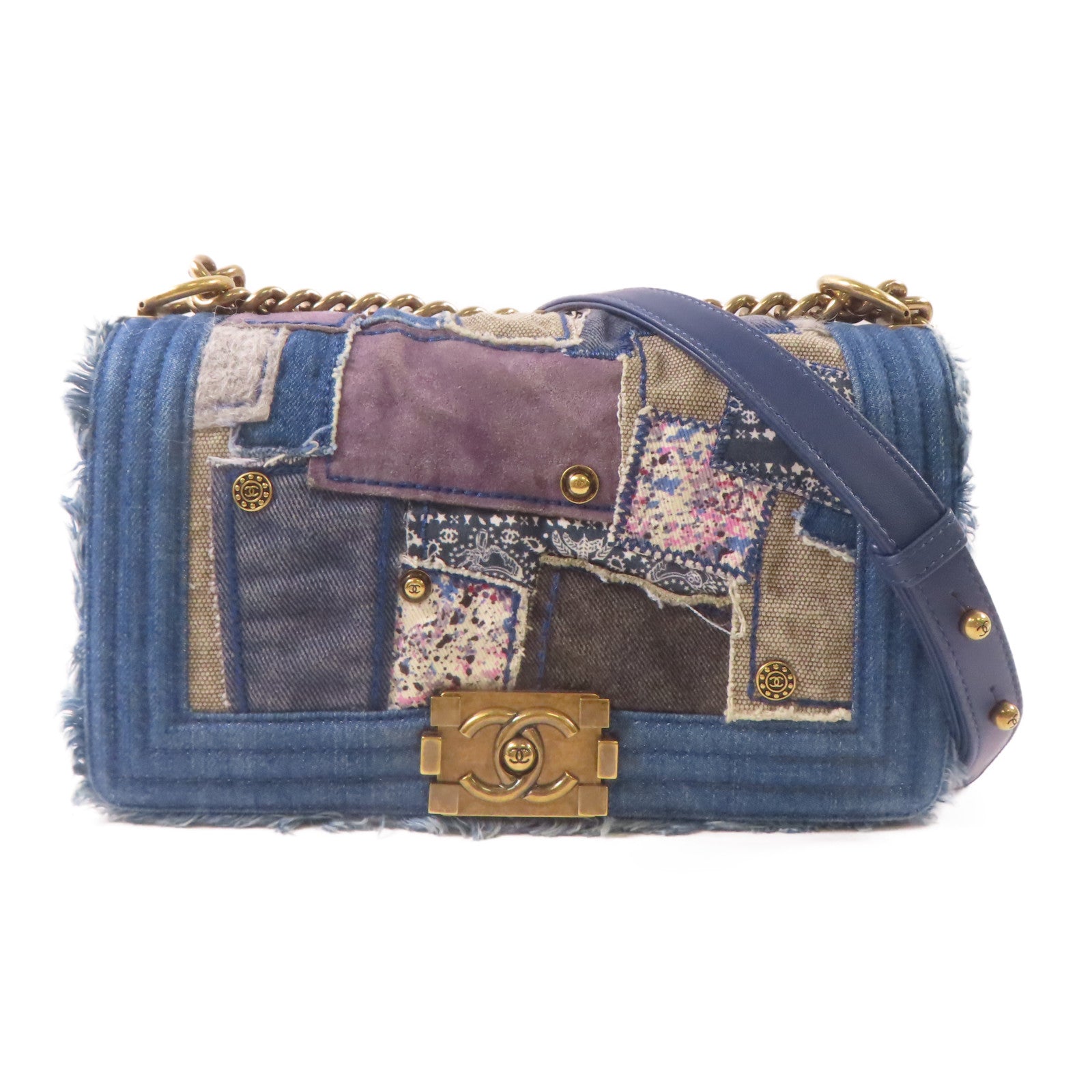 CHANEL 牛仔布Boy 25cm金扣鏈帶肩背袋藍色
