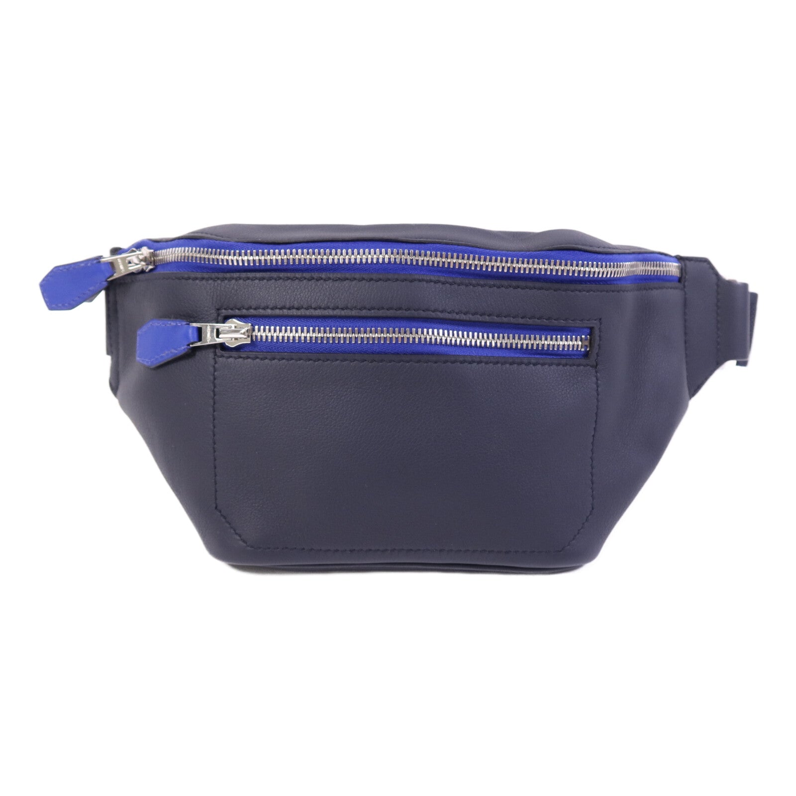 HERMES Swift皮革Cityslide Belt PM銀扣腰包Bleu Indigo/Bleu Electrique