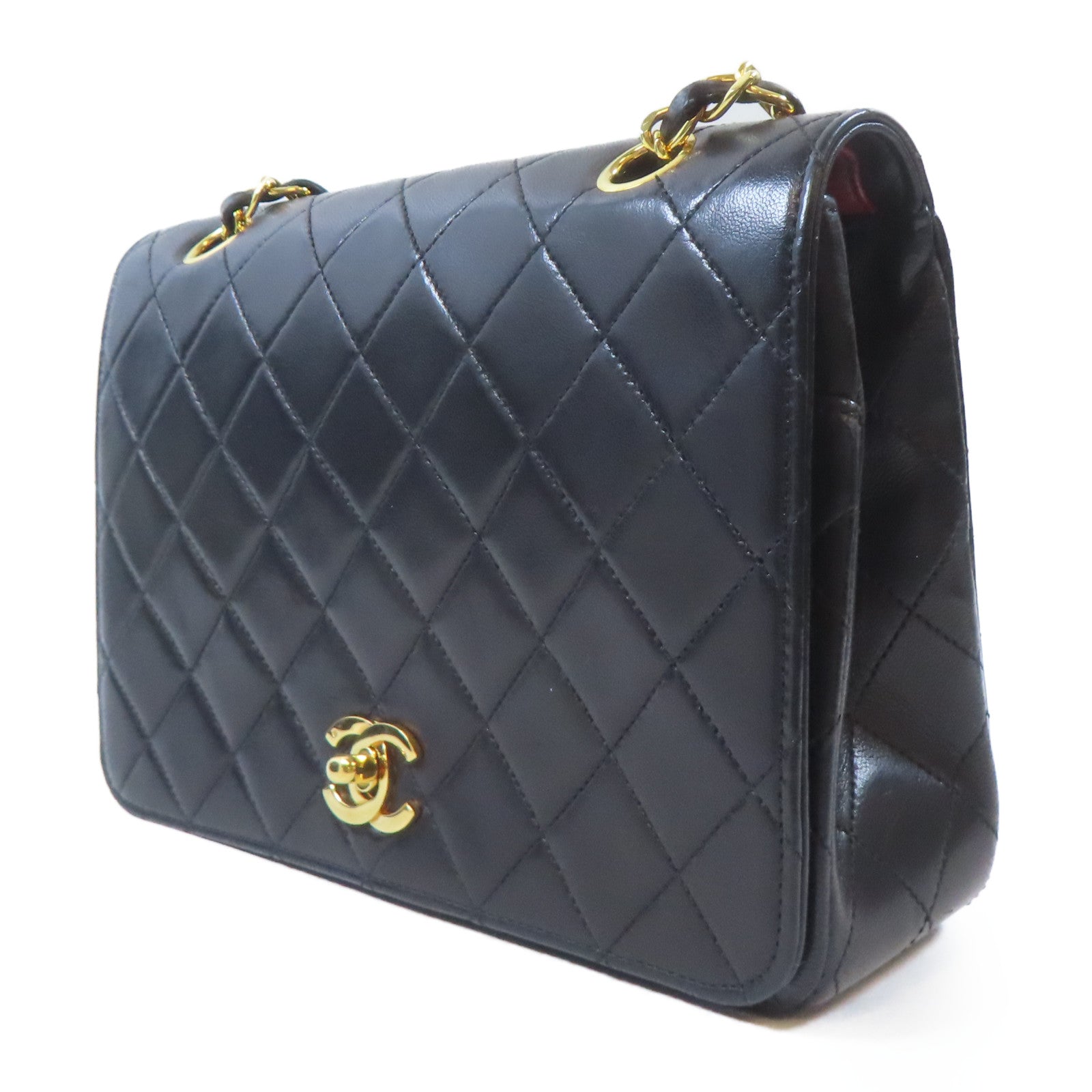 CHANEL 菱格牛皮皮革Chain Shoulder Bag金扣鏈帶肩背袋黑色