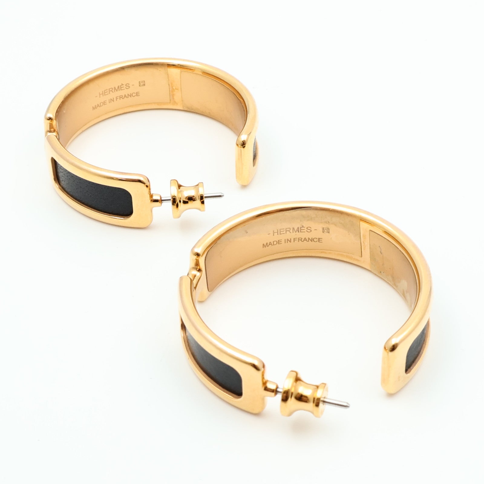 HERMES 金屬/Box Calf皮革Olympe Earrings耳環Noir