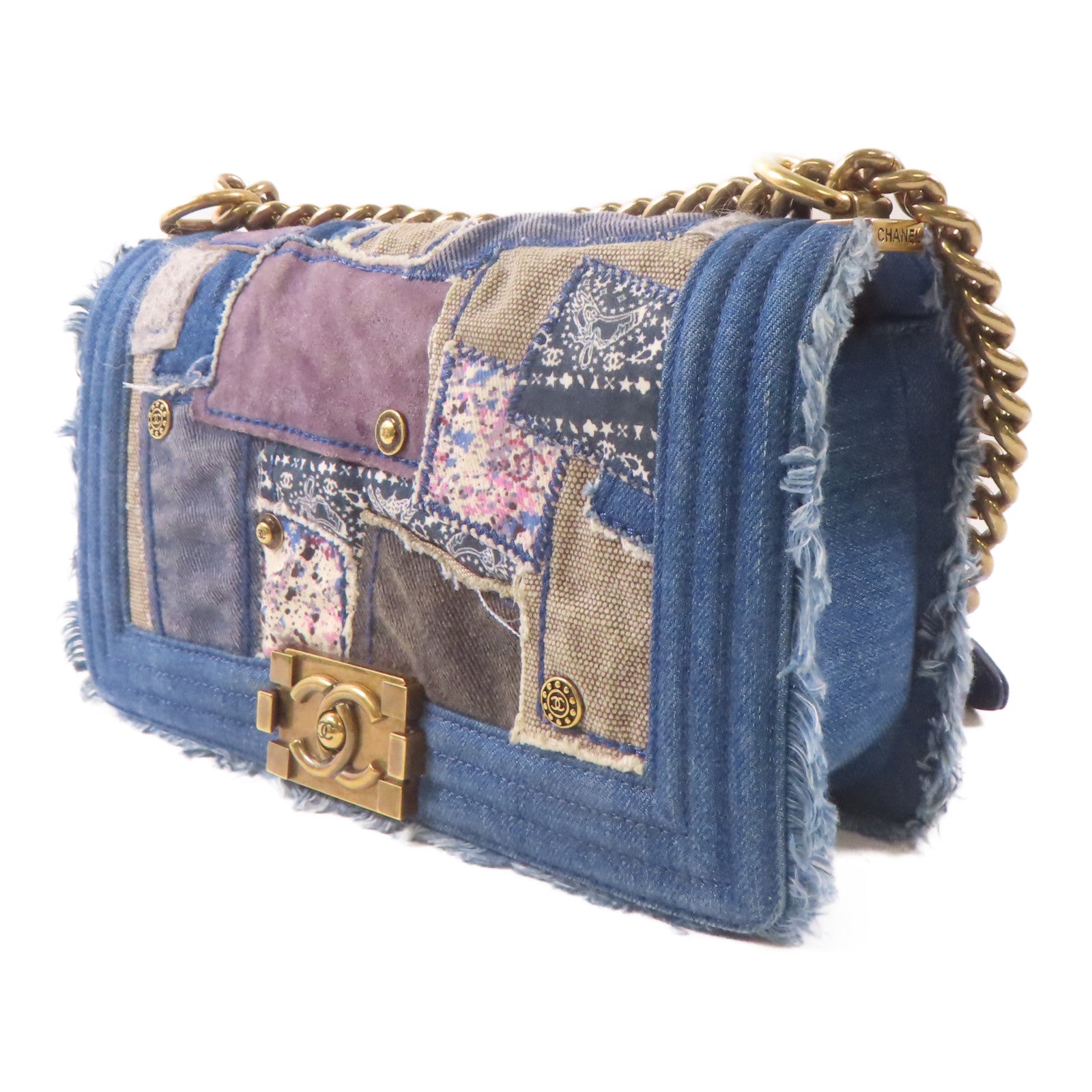 CHANEL 牛仔布Boy 25cm金扣鏈帶肩背袋藍色