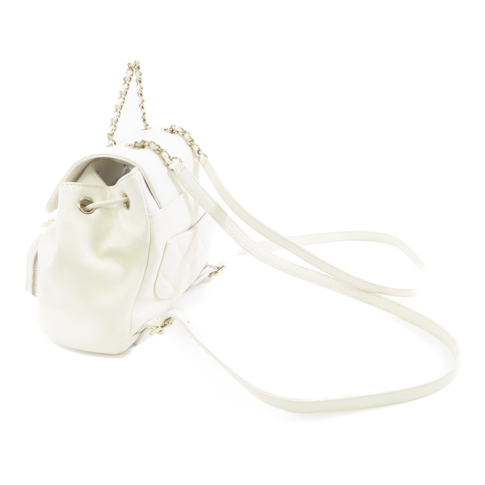 CHANEL 菱格Caviar皮革Backpack金扣背包白色