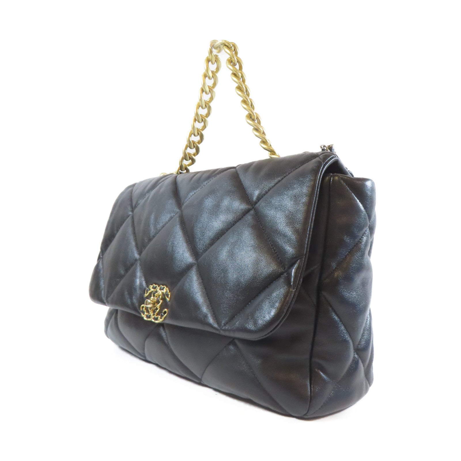 CHANEL 菱格牛皮皮革Chain Shoulder金扣/銀扣手挽肩背兩用袋黑色