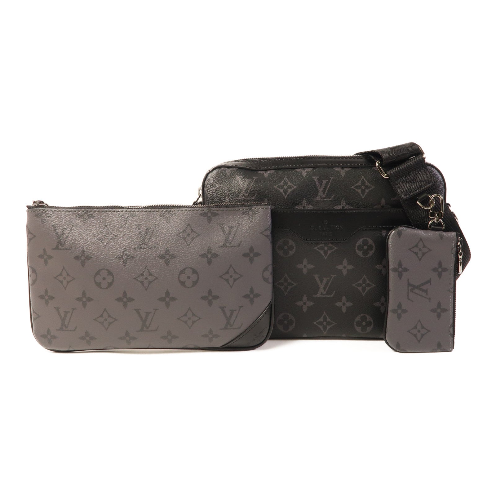 LOUIS VUITTON Monogram Eclipse Reverse Trio Messenger銀扣肩背袋灰色