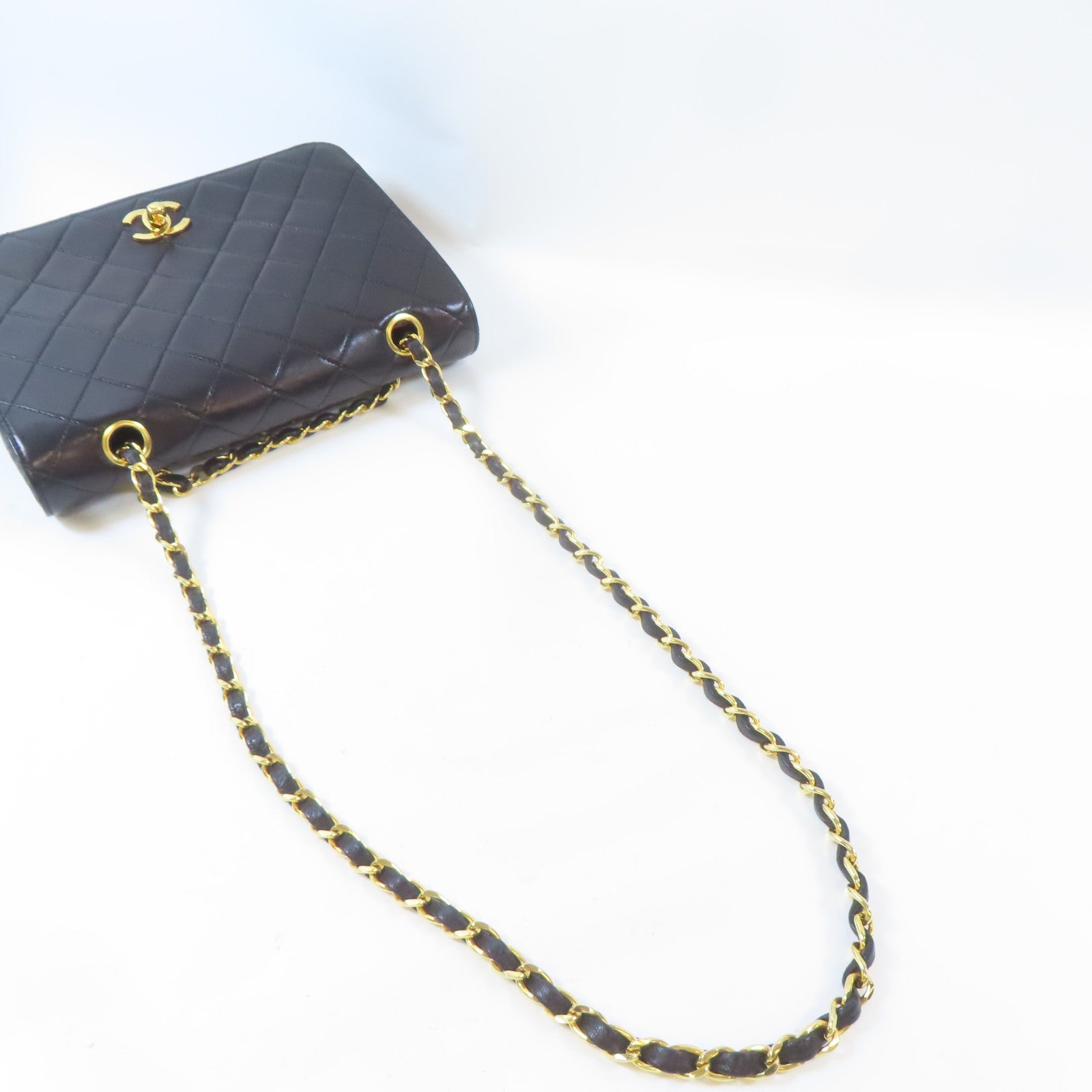 CHANEL 菱格牛皮皮革Chain Shoulder Bag金扣鏈帶肩背袋黑色