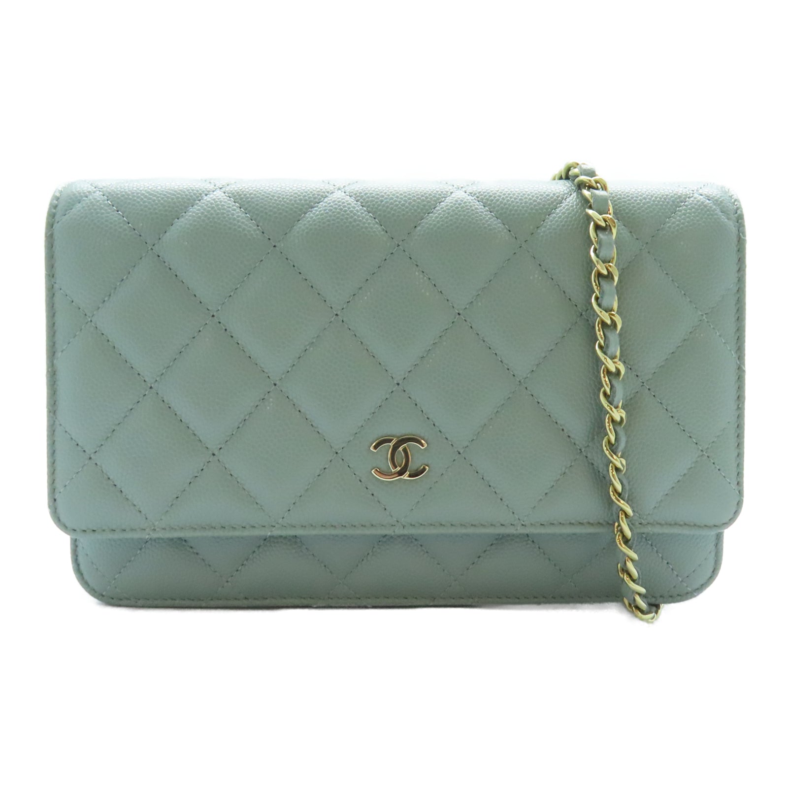 CHANEL 【激減優惠】菱格皮革WOC金扣鏈帶肩背袋綠色