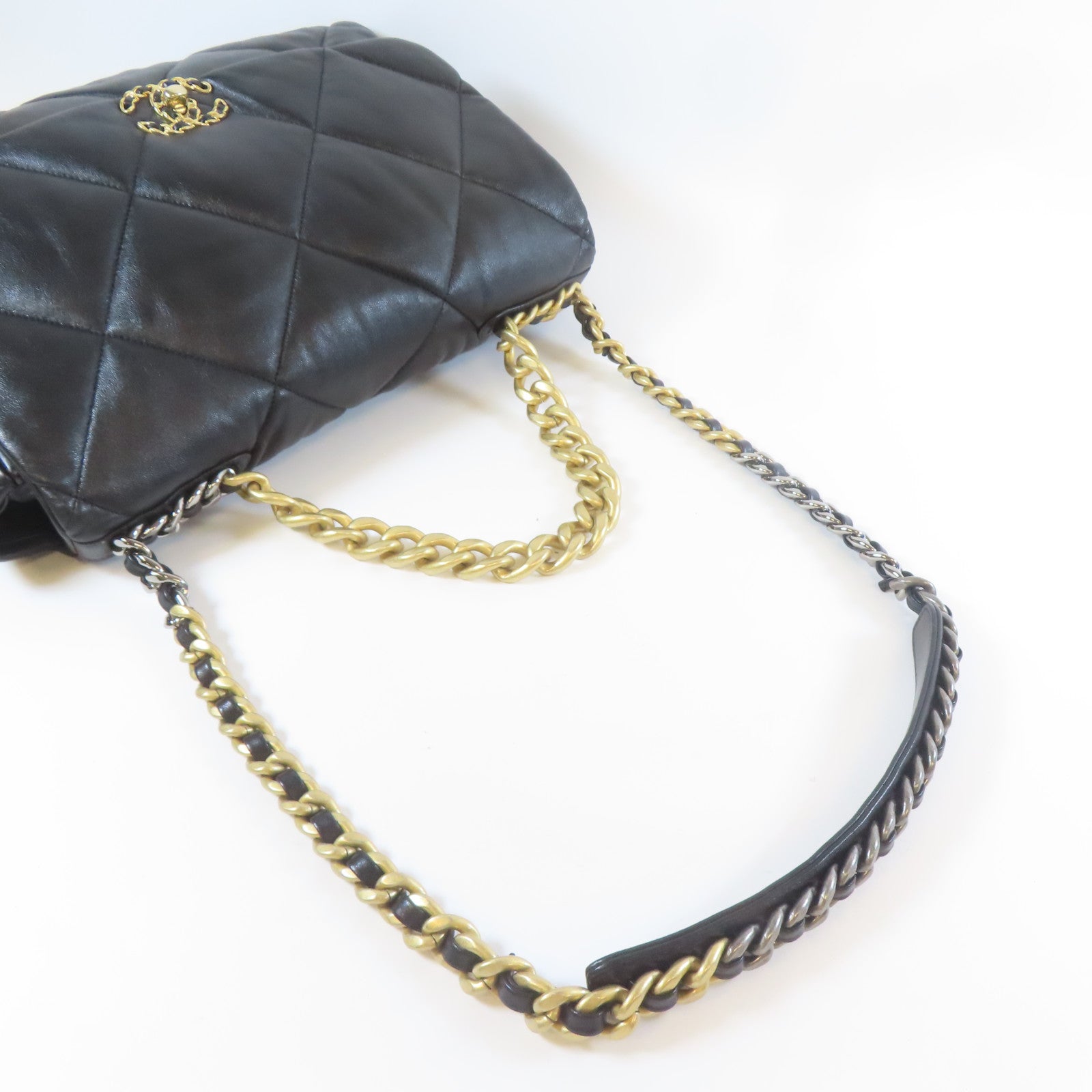 CHANEL 菱格牛皮皮革Chain Shoulder金扣/銀扣手挽肩背兩用袋黑色