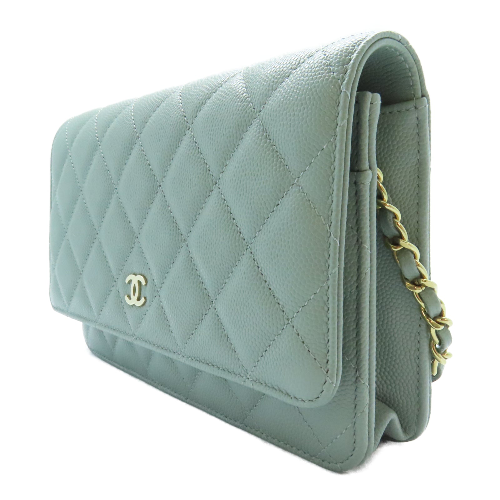 CHANEL 【激減優惠】菱格皮革WOC金扣鏈帶肩背袋綠色