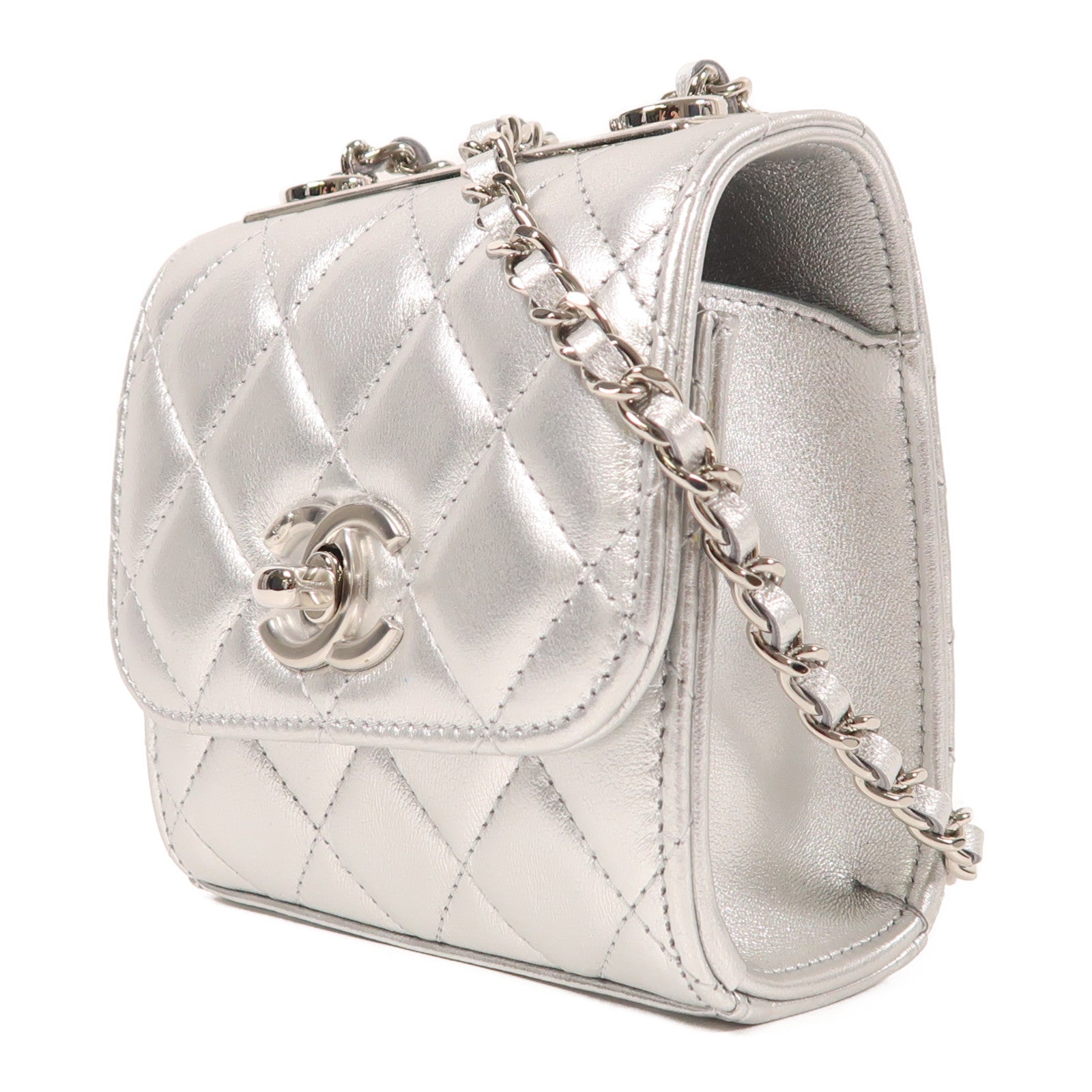 CHANEL 羊皮皮革Micro Trendy CC銀扣鏈帶肩背袋