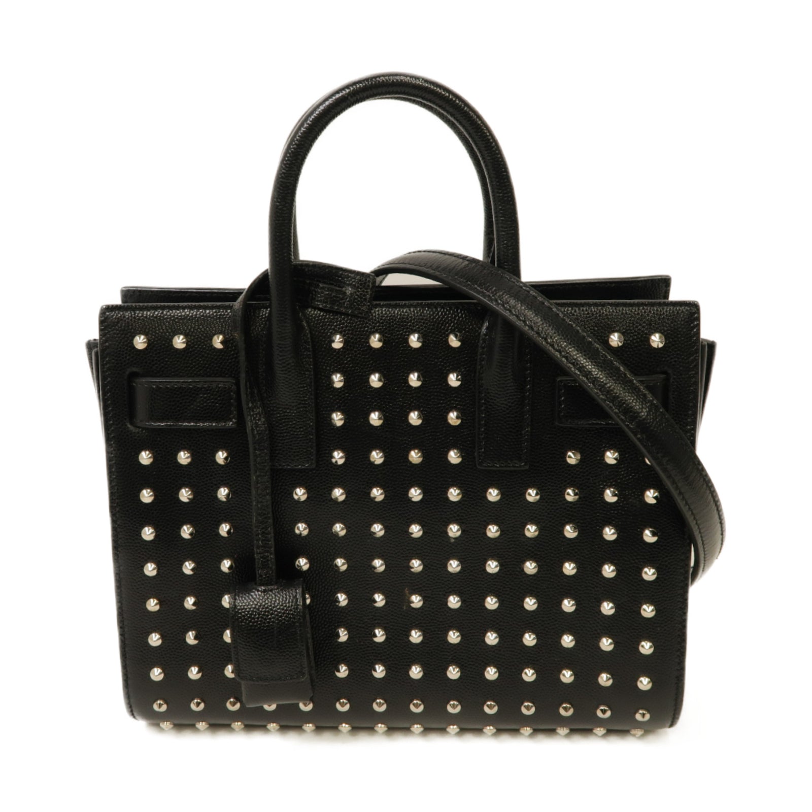 SAINT LAURENT 【激減優惠】牛皮皮革Nano Studded Sac de Jour銀扣手挽肩背兩用袋黑色