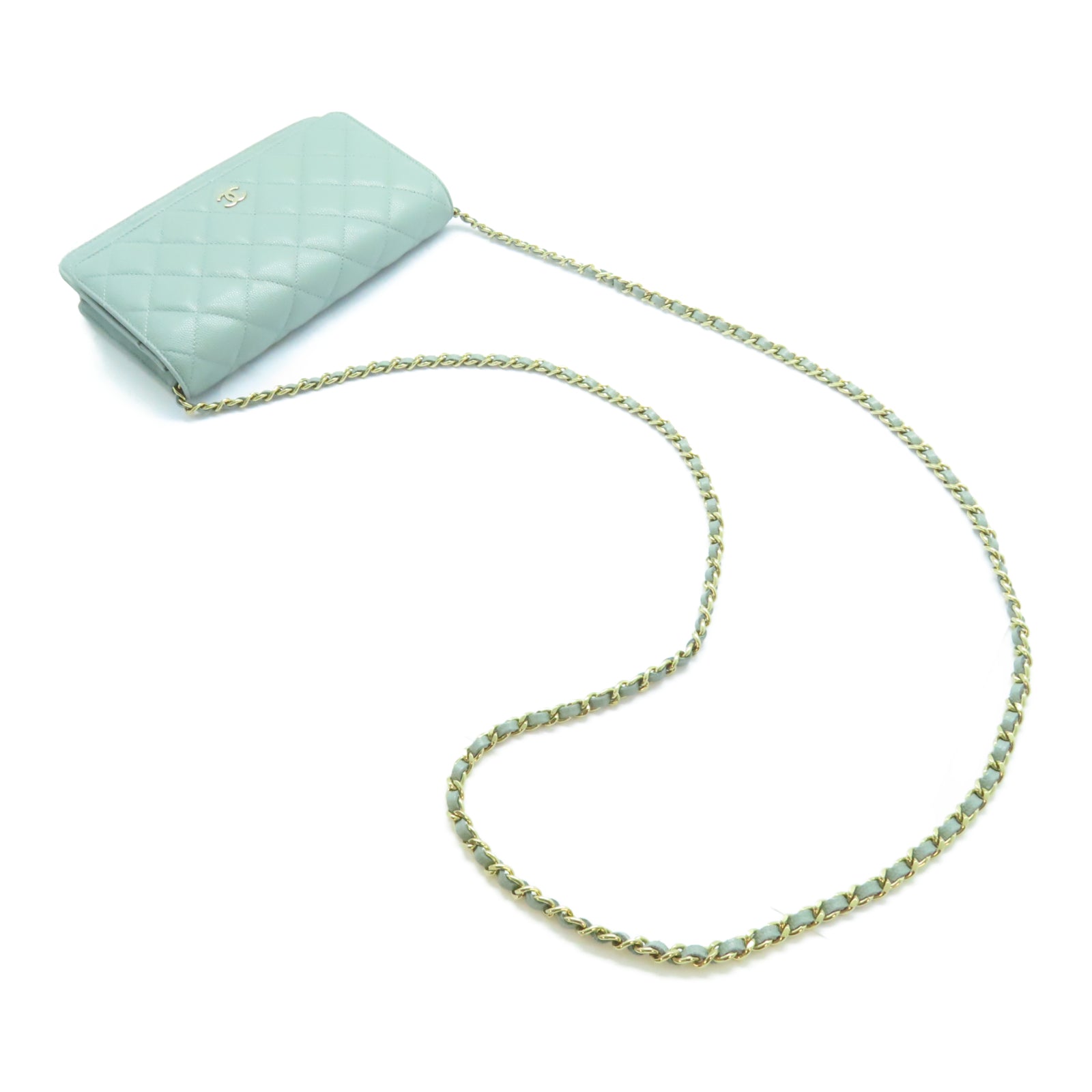 CHANEL 【激減優惠】菱格皮革WOC金扣鏈帶肩背袋綠色
