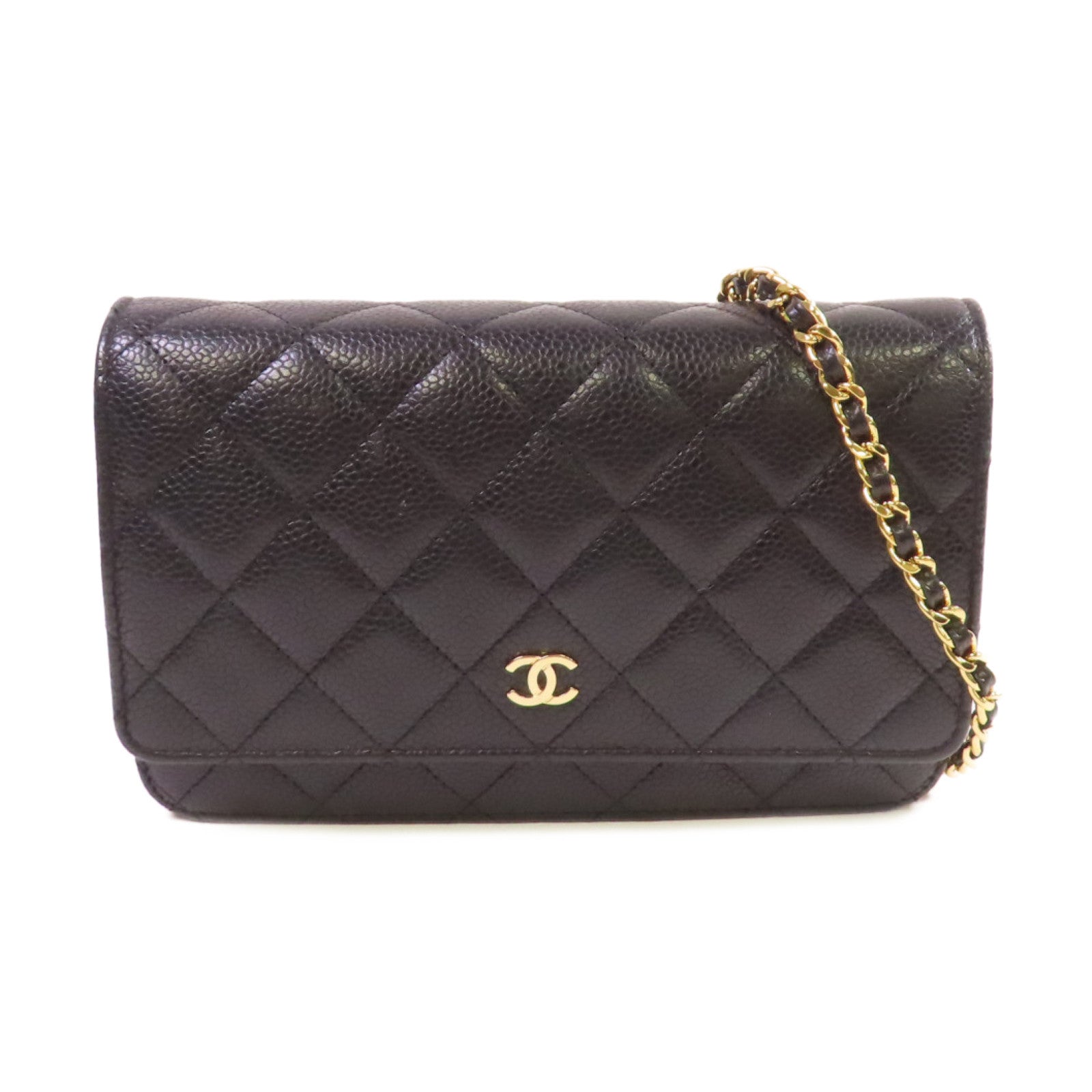 CHANEL 菱格Caviar皮革WOC Wallet On Chain Shoulder Bag金扣鏈帶肩背袋黑色
