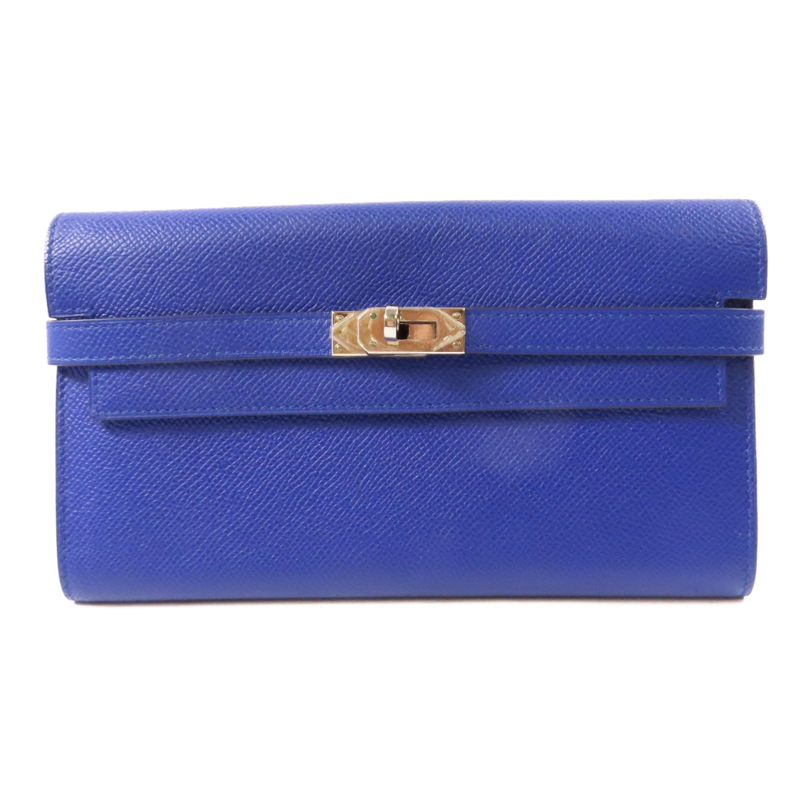 HERMES Epsom皮革Kelly Compact Wallet銀扣錢包Electric Blue藍色