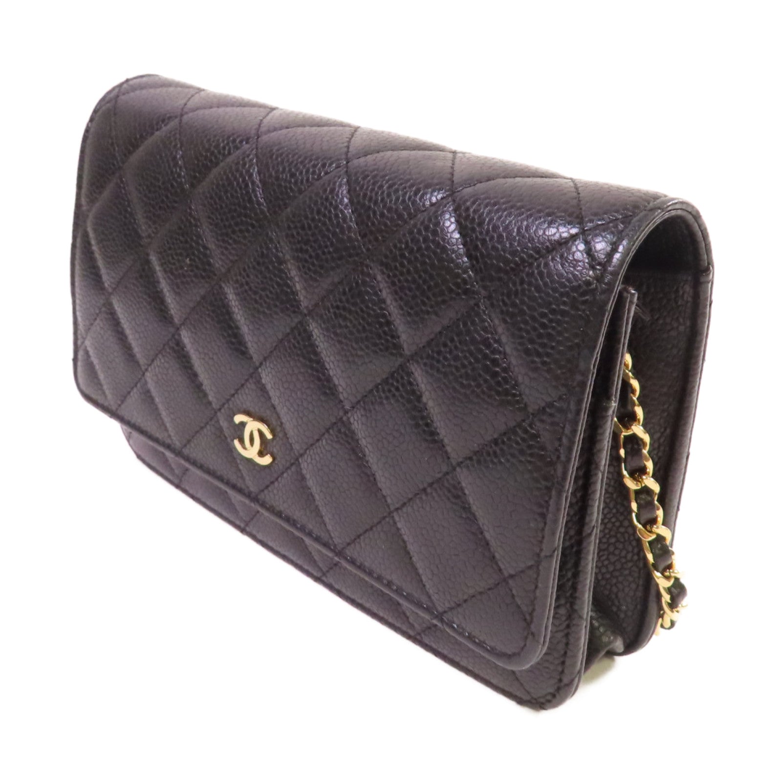 CHANEL 菱格Caviar皮革WOC Wallet On Chain Shoulder Bag金扣鏈帶肩背袋黑色
