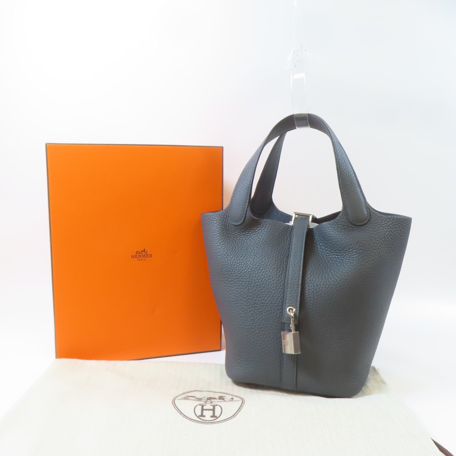 HERMES Clemence皮革Picotin PM銀扣手挽袋Gris Misty/灰色